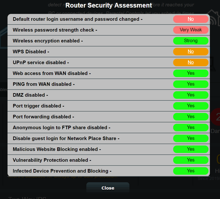 ASUS Router Security Assessment Window